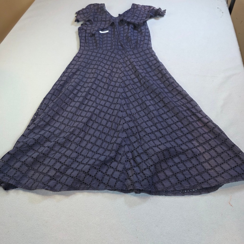 Vintage Navy Blue Eyelet Lace V-Neck Flutter Sleeve A-Line Dress